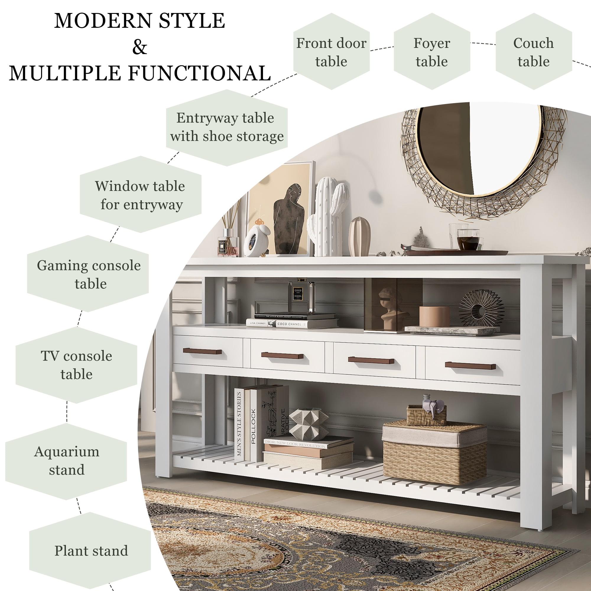 Harper & Bright Designs Rustic Console Table with Drawer, Long Sofa Table Entryway Table with Shelf, Entrance Table for Entryway Hallway Living Room, White 62.2''