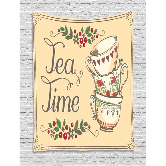Tea Tapestry, Ornamental Coffee Tea Cups with Flowers Berries Swirl Leaf Ceramics, Wall Hanging for Bedroom Living Room Dorm Decor, 60W X 80L Inches, Champagne Vermilion Green, by Ambesonne