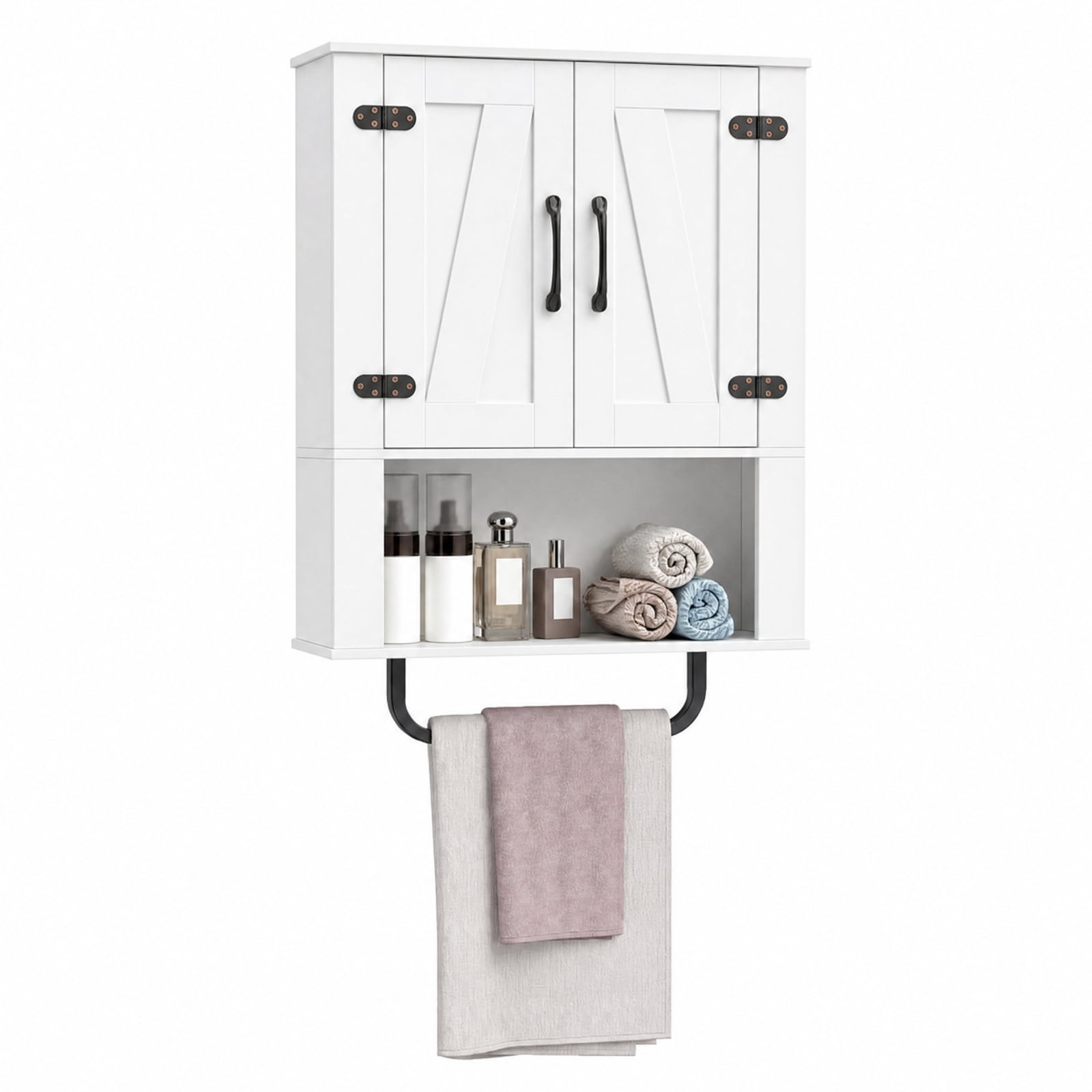 Vebreda Bathroom Wall Cabinet with 2 Sliding Barn Doors & Towel Bar, 3-Tier Farmhouse Wall-Mounted Storage Organizer with Open Shelves, White