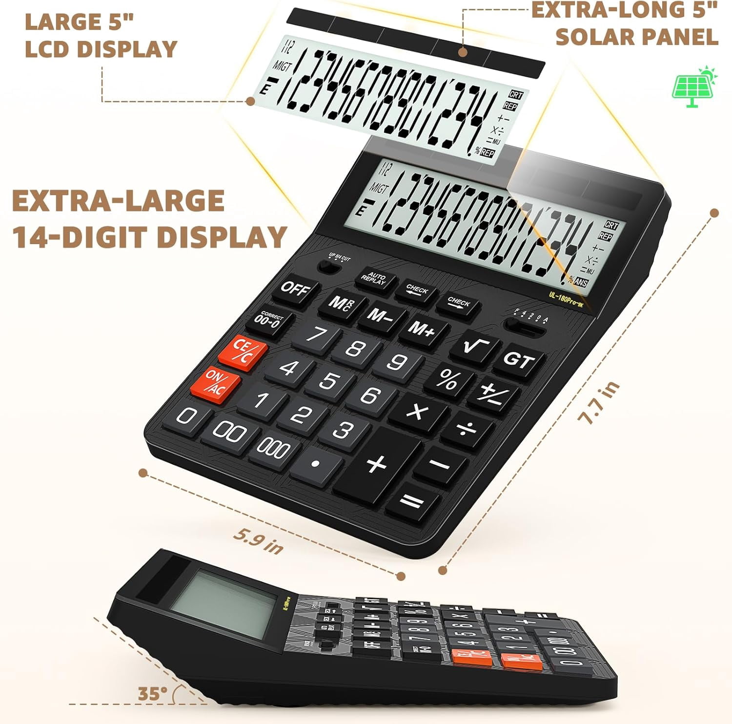 Calculators Desktop, 2026 Upgrade 14 Digit Large Size Calculator with 5-Inch LCD Display and Solar Power, Office for Desk (Black)