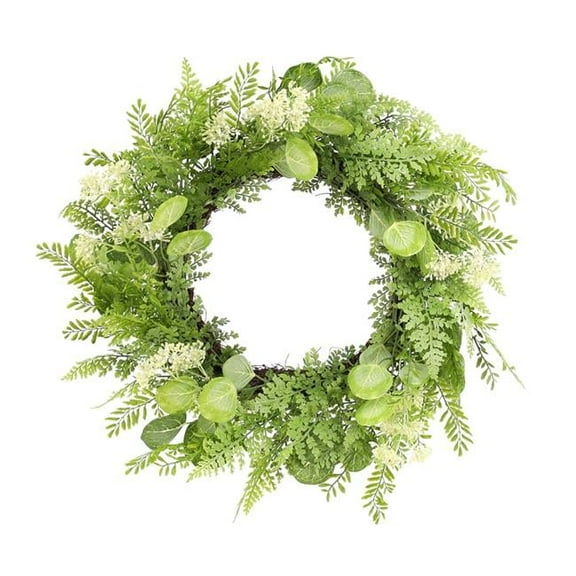 28 in. Artificial Fern Wreath, Green & White