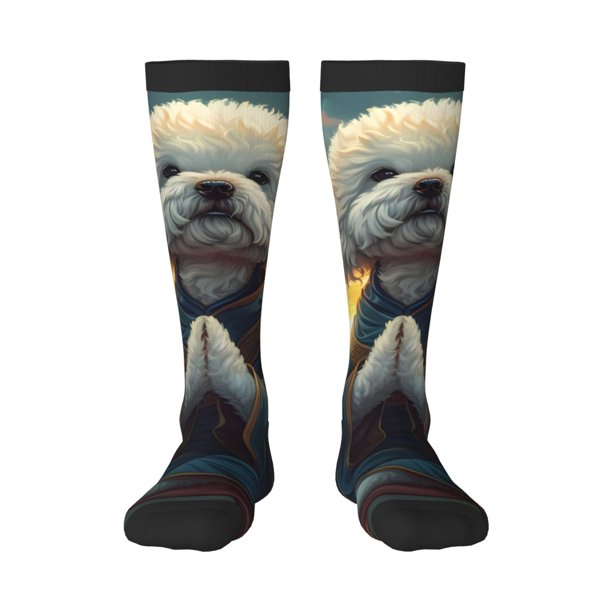 Fotbe Sunset Meditating Bichon Frise Calcetas Divertidas Estampadas para Hombre y Mujer, Calcetas de Algodón hasta la Rodilla para Caminar, Correr, Enfermería y Embarazo