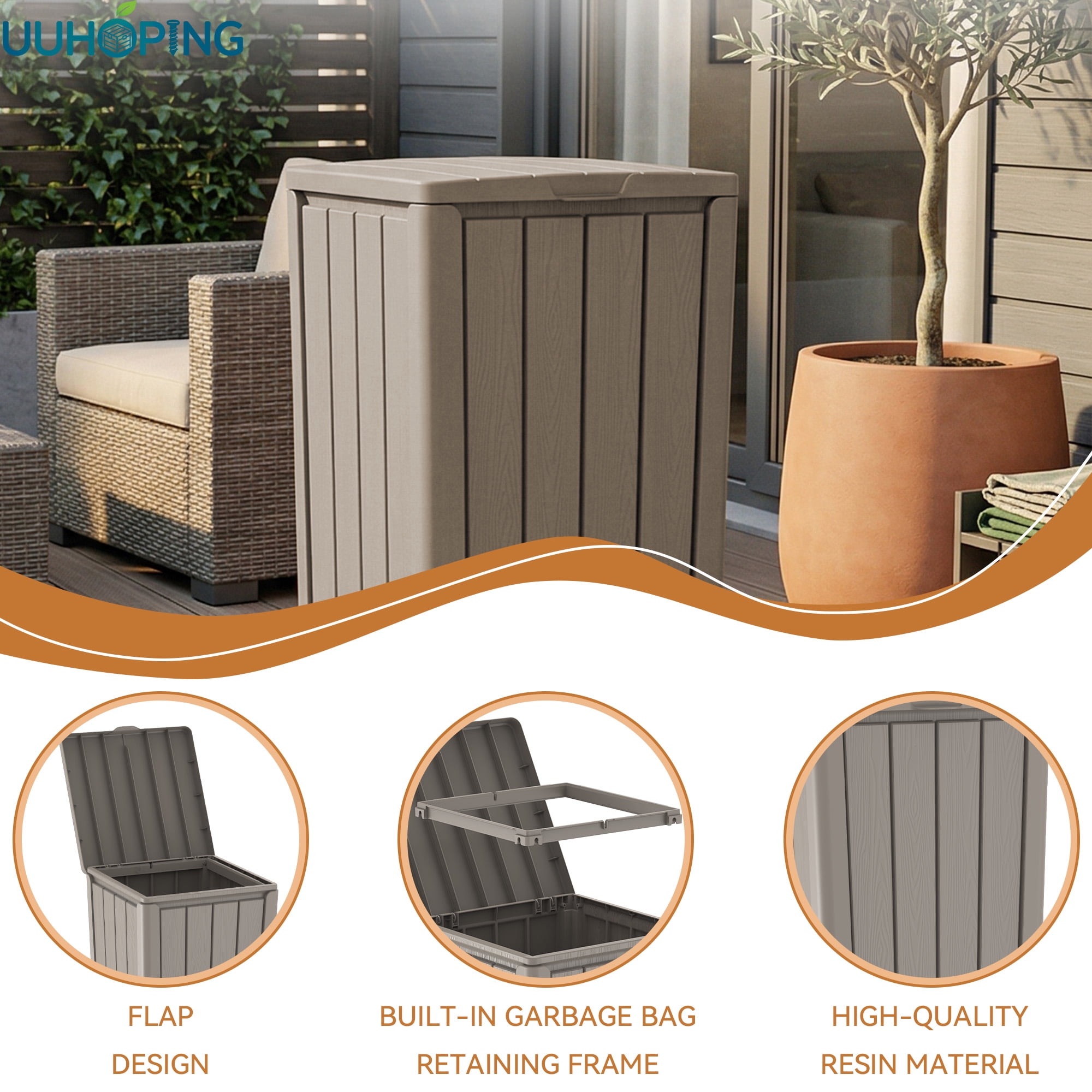 Fazzn  Baltimore Resin 33 Gallon Outdoor Kitchen Trash Can with Lid and Drip Tray for Easy Cleaning-Perfect for Patio Dining, Black/Brown