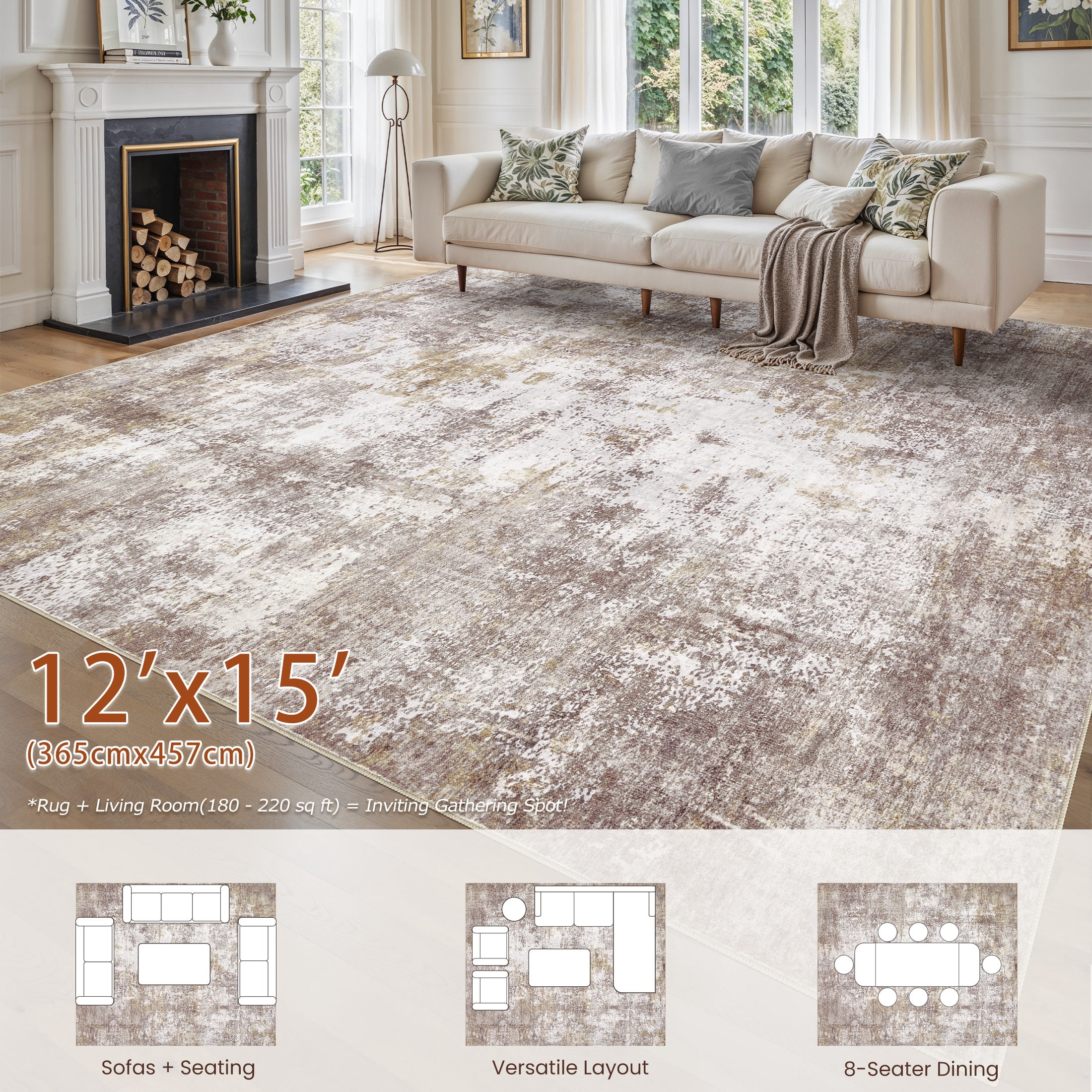 UERMEI Area Rugs for Living Room 12x15 Washable Rug Vintage Pattern Large Non-Slip Stain Resistant Soft Durable Floor Carpet for Bedroom, Dining Room, Home Office - Golden