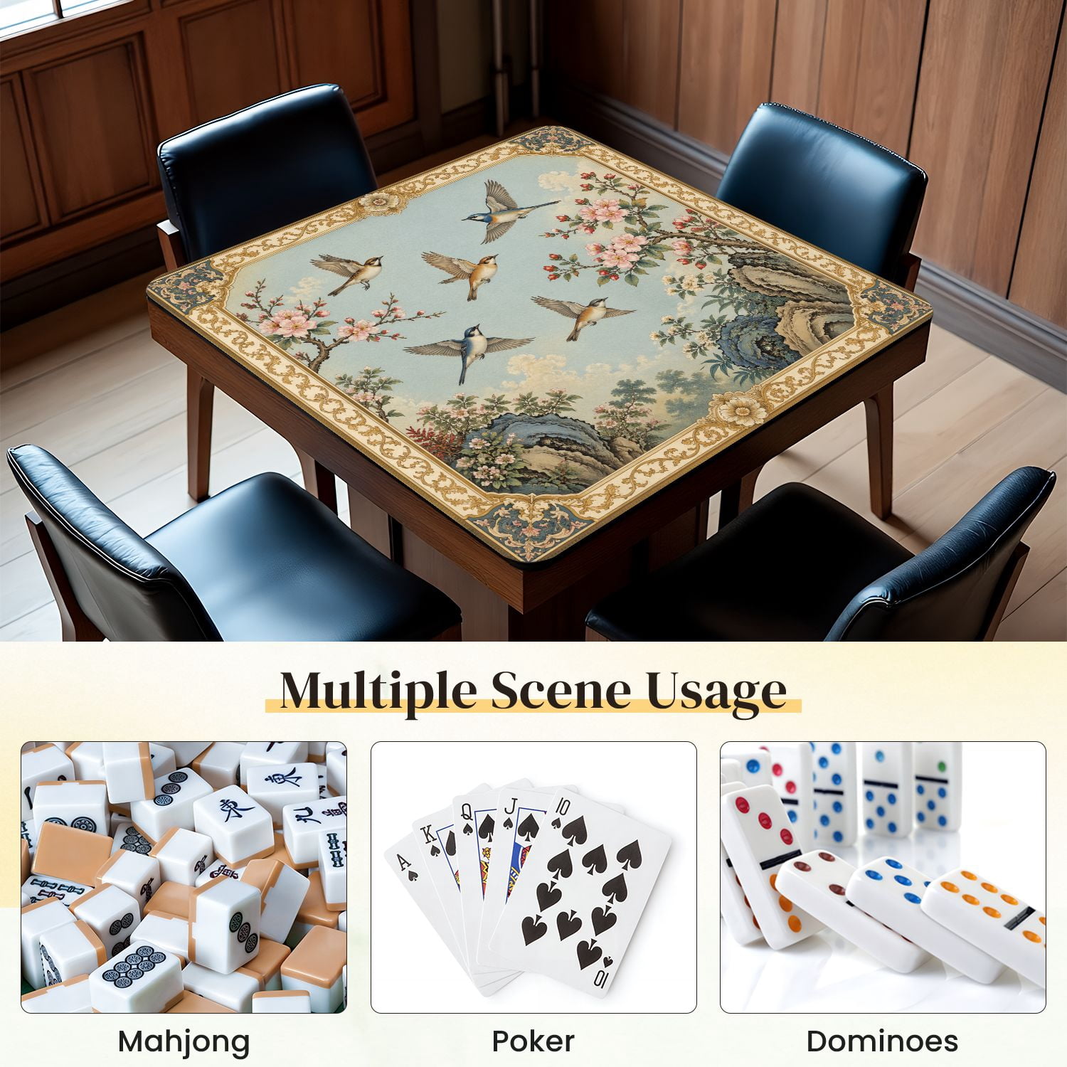 Mahjong Mat 31.5" x 31.5" Birds Cherry Blossom Branches Ornate Vintage Oriental Soft Blue Sky Non-Slip Noise Reduction Mahjong Tiles Table Cover for Dominoes Poker Card Board and Tile Games
