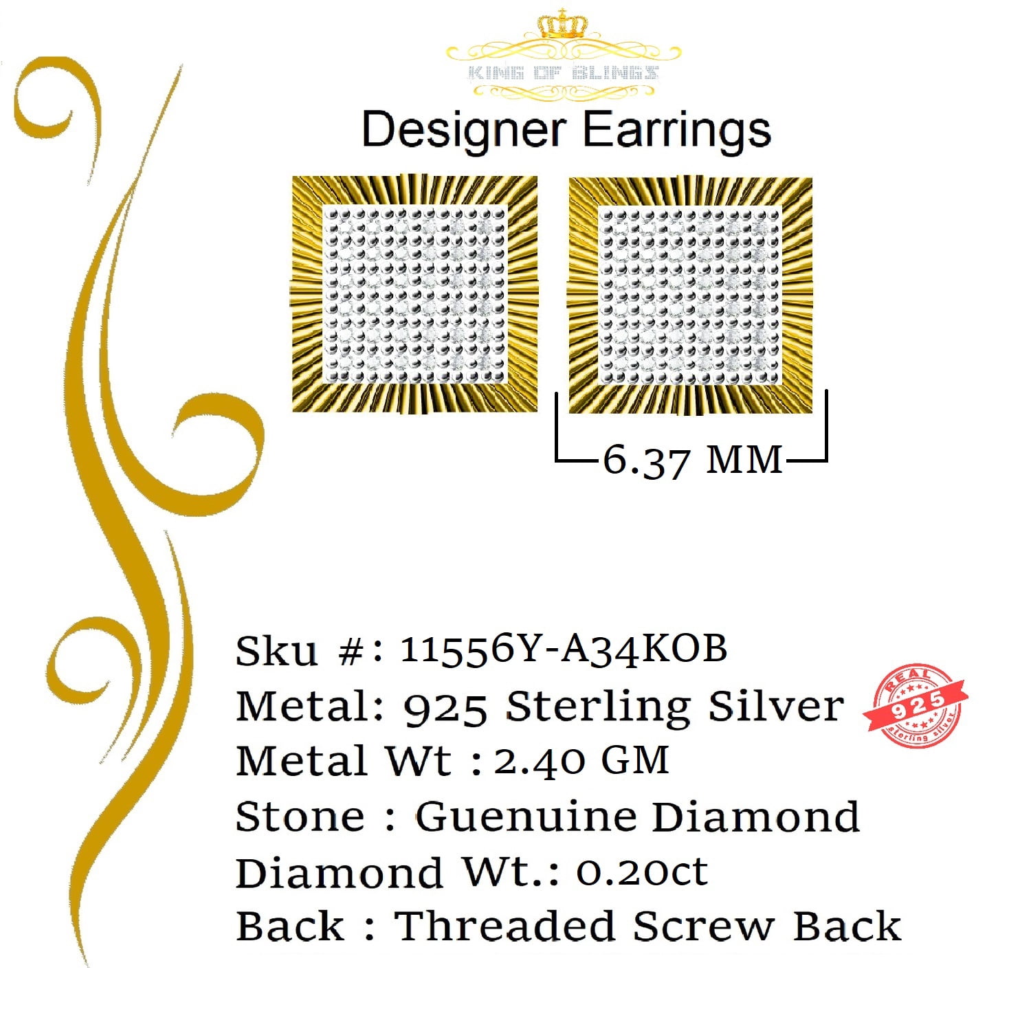 King of Bling's Aretes Para Hombre 925 Yellow Silver 0.20ct Diamond Stud Women's Square Earrings