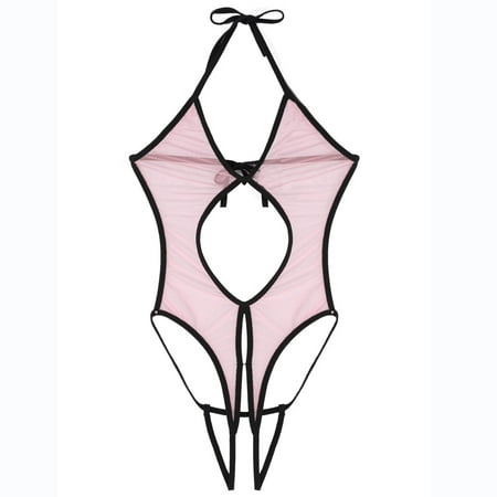 

〖Roliyen〗Lingerie For Women 1 Piece Backless Mesh Bodysuit Halter Neck Lace Up Sheer Babydoll Teddy Nightie Lace Up Lingerie Fishing Net Underwear Sleepwear Steel Ring Pajamas Gart