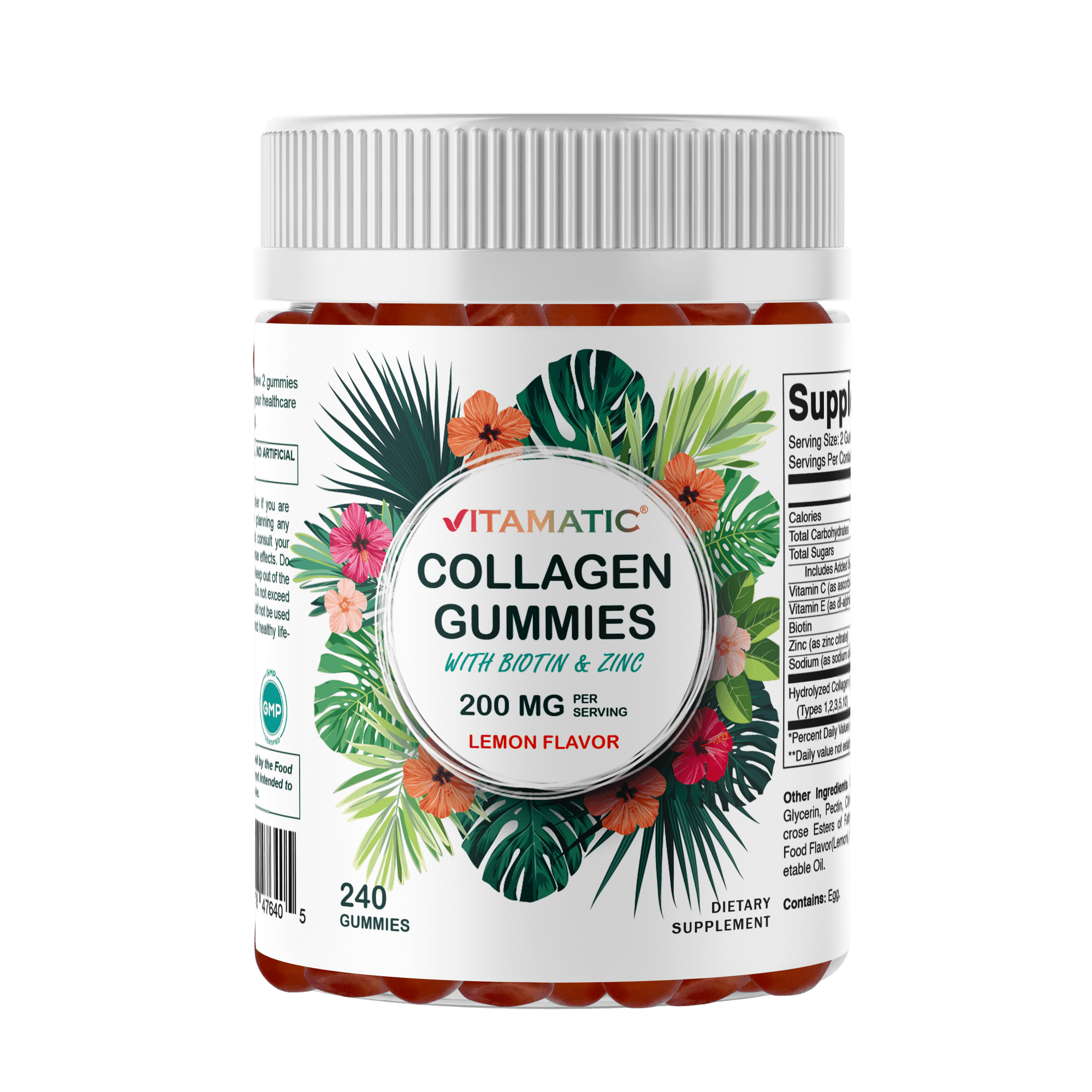 Vitamatic Hydrolyzed Collagen Gummies with Vitamin C, Zinc and Biotin, 200 mg - Healthy Skin Support - 240 Gummies