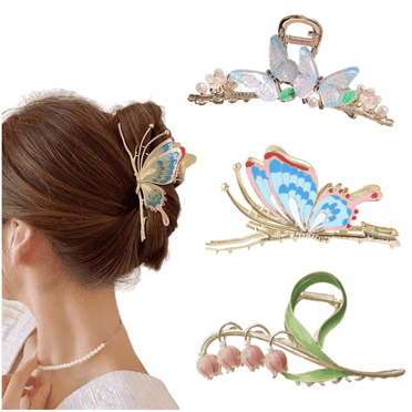 3Pcs Flower Metal Hair Clips, Jademall Butterfly Hair Claw for Thin/Medium Thick Hair, Elegant Lily of The Valley Hair Barrettes Strong Hold Clamps Non-Slip Cute Claws Accessories