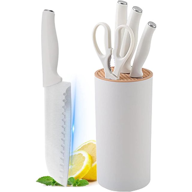 Knife Block Set, 5-Piece White Stainless Steel Kitchen Knife Set with Universal Knife Block Holder, Sharp Non-Stick Chef Knives for Home Restaurant Apartment (White)