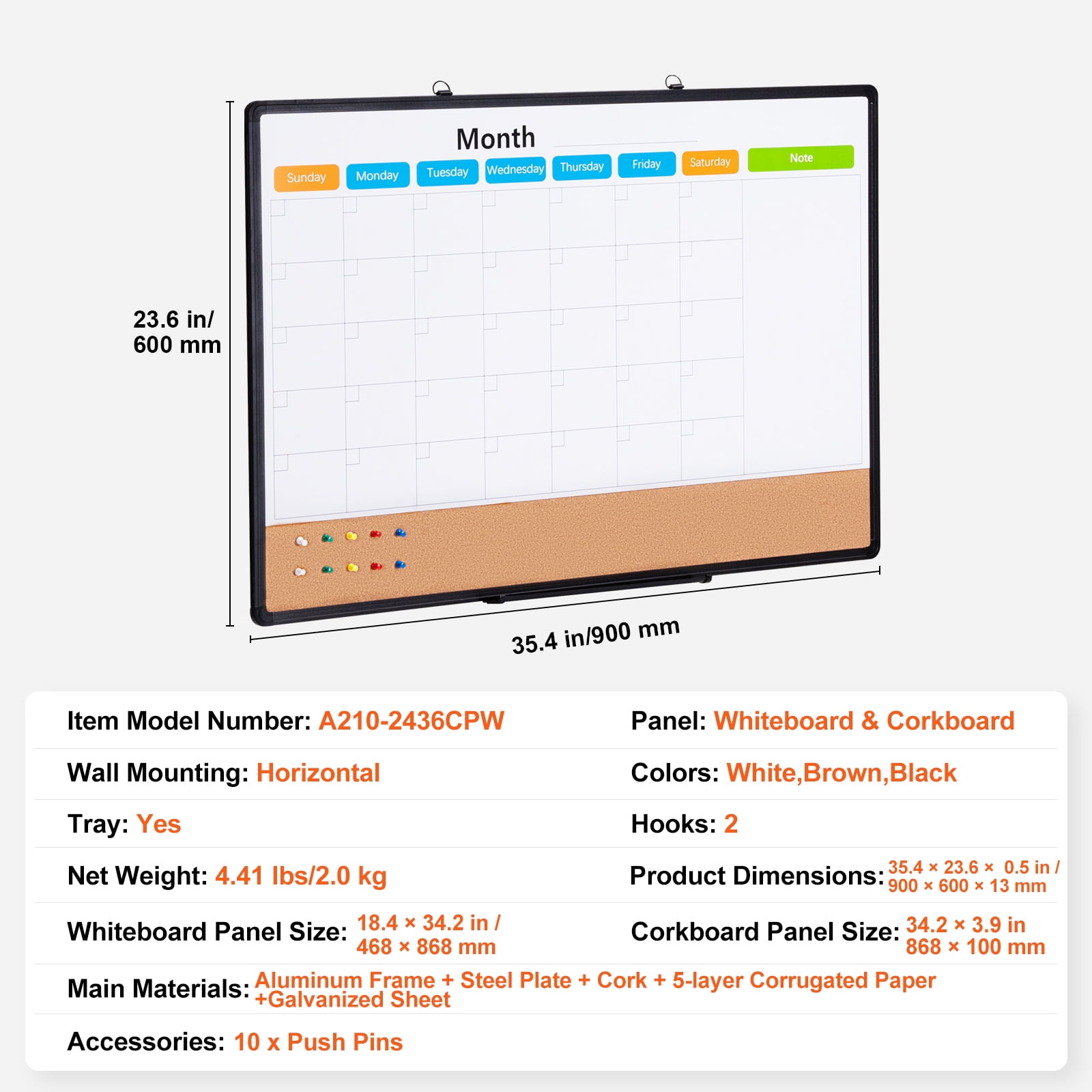 SKYSHALO 36"x 24" Combo Magnetic Whiteboard & Cork Bulletin Board with Aluminum Frame - Dual-Function Dry Erase and Pin Board for Wall - Suitable for Office, Home, School