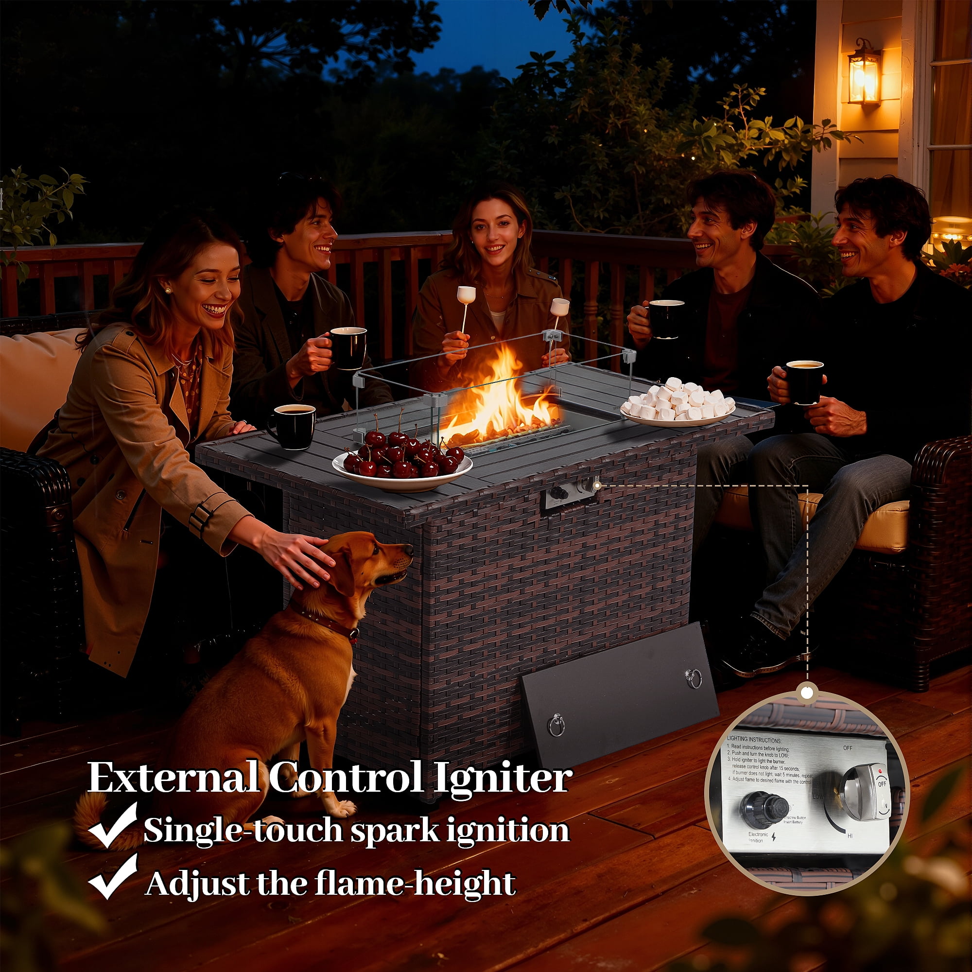 AstrPthylx 44-Inch Propane Fire Pit Table, Steel Gas Fire Feature with Iron Lid, Glass Rock, Rain Cover & Wind Guard for Patio, Backyard, Deck-Brown