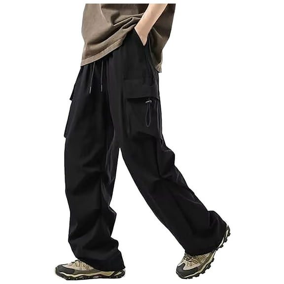 Bjutir Mens Cargo Shorts Pants Fashionable Casual Cargo Pants Comfortable Pocket Drawstring Sweatpants Wide Leg Cargo Pants Black