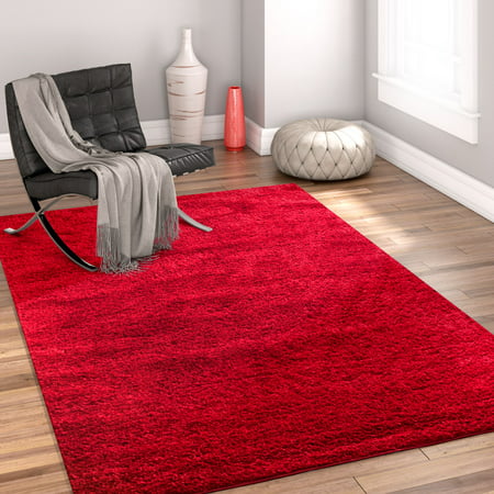 Well Woven Madison Shag Plain Modern Solid Red 5' x 7'2
