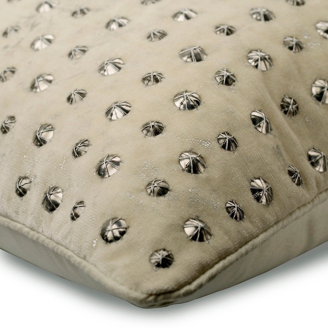 Custom Cushion Cover, Ivory 22"x22" (55x55 cm) Cushion Cover, Velvet Dotted, Beaded & Gold Foil Throw Pillow Cover&nbsp;For Sofa, Dotted Pattern Circles & Dots - Wheeling Around Ivory