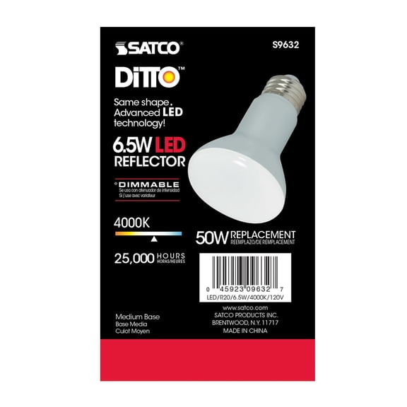 Satco S9632 R20 LED Reflector Light Bulbs 6.5W 120V 4000K E26 Medium Base Dimmable DAMP Location  (6 Pack)