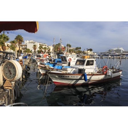 Fishing boats and cruise ship, harbour, Kos Town, Kos, Dodecanese, Greek Islands, Greece, Europe Print Wall Art By Eleanor