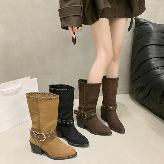 Boots Women Pointy Toe Chunky Heel Wide Calf Cozy Boots Women's Casual Comfortable Boots Winter Outdoor Dressy Booties Shoes