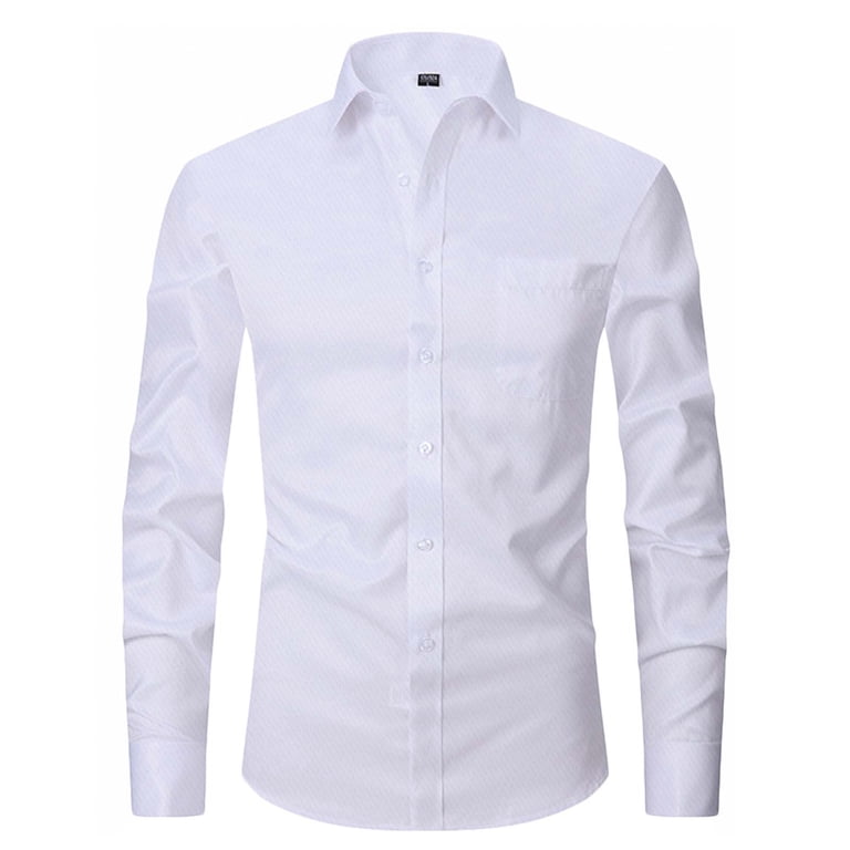 Lodieny Men's Wrinkle Free Long Sleeve Dress Shirt with Pockets Business Casual Modern Slim Fit Button Down Shirts for Wedding and Work Office White L