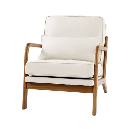 Mid-Century Modern Accent Chair, Thick 5.7 Inch Cushion Linen Fabric Upholstered Armchair with Solid Wood Frame for Living Room, Bedroom, Office