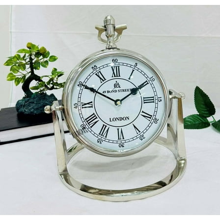 THOR INSTRUMENTS Table Clock, Classic Silver Silent Ticking Analogue Quartz Clock with Snooze Function and HD Glass, Battery Operated, for Bedroom Living Room and Office Decor (Roman)