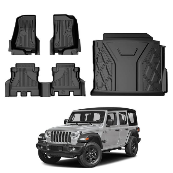 Floor Mats & Cargo Liner Fit for Jeep Wrangler JL 2018-2024 4 Door Sahara Rubicon with Subwoofer (Non JK or 4XE) All-Weather Wrangler Floor Liner for 1st, 2nd Row and Trunk Full Set Car Floor Liners