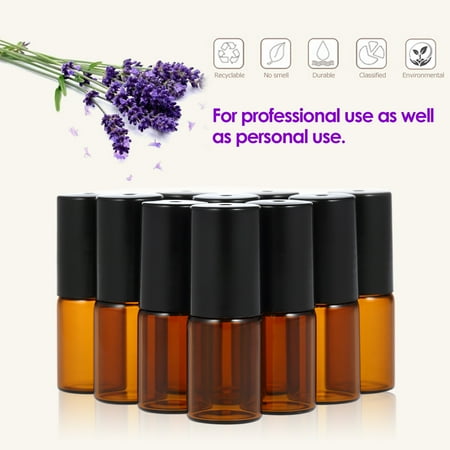 Small Glass Jar Essential Oils 10 Pcs 3ml Amber Glass Essential Oils Roller Bottle Roll-on Bottles Stainless Steel Roller Ball Essential Oil Jar with 3ml Dropper ()