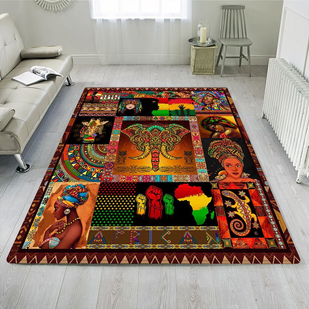 Rectangle Area Rug For Living Room, Bedroom, African Culture Rug, Black