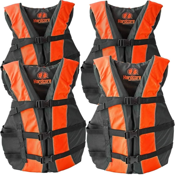 Hardcore Life Jacket 4 Pack Paddle Vest for Adults;  Guard Approved Type III PFD Life Vest Flotation Device; Jet ski, Wakeboard, Kayak; Ideal Extra Pontoon Boat Life Jacket