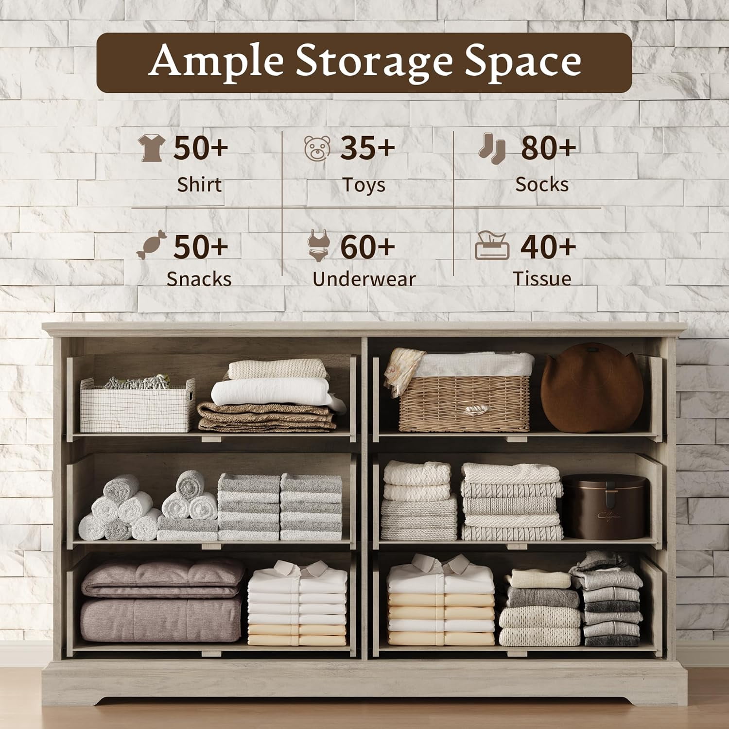 FANRAL 6 Drawers Dresser for Bedroom,Wood Rustic Storage Cabinet Chest of Drawers,Farmhouse Large Drawers with Metal Handles,Light Gray Dresser(Plus)