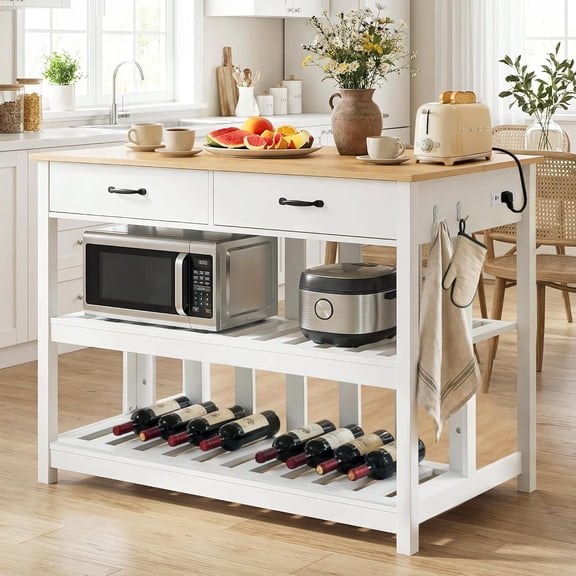Haverchair 47.2" Kitchen Island with Power Outlets & 2 Large Drawers - Farmhouse Stationary Island Table with 2 Open Shelves, Wine Rack, 6 Hooks for Living Room, Dining & Coffee Bar, White