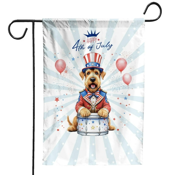 Happy 4th of July Patriotic Airedale Terrier Marching Band Uniform Balloons Fireworks Garden Flag 12x18in Double Sided Dale Waterside Dog Lover Outdoor Decor - 13009
