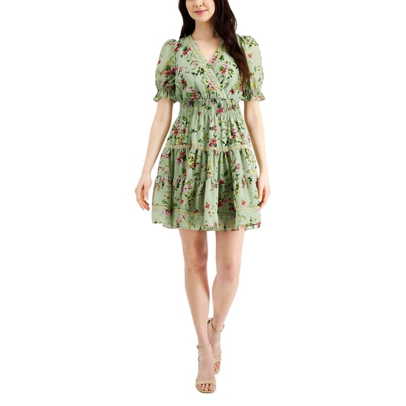 Taylor Floral Print Chiffon Smocked A Line Dress Mint Floral 10