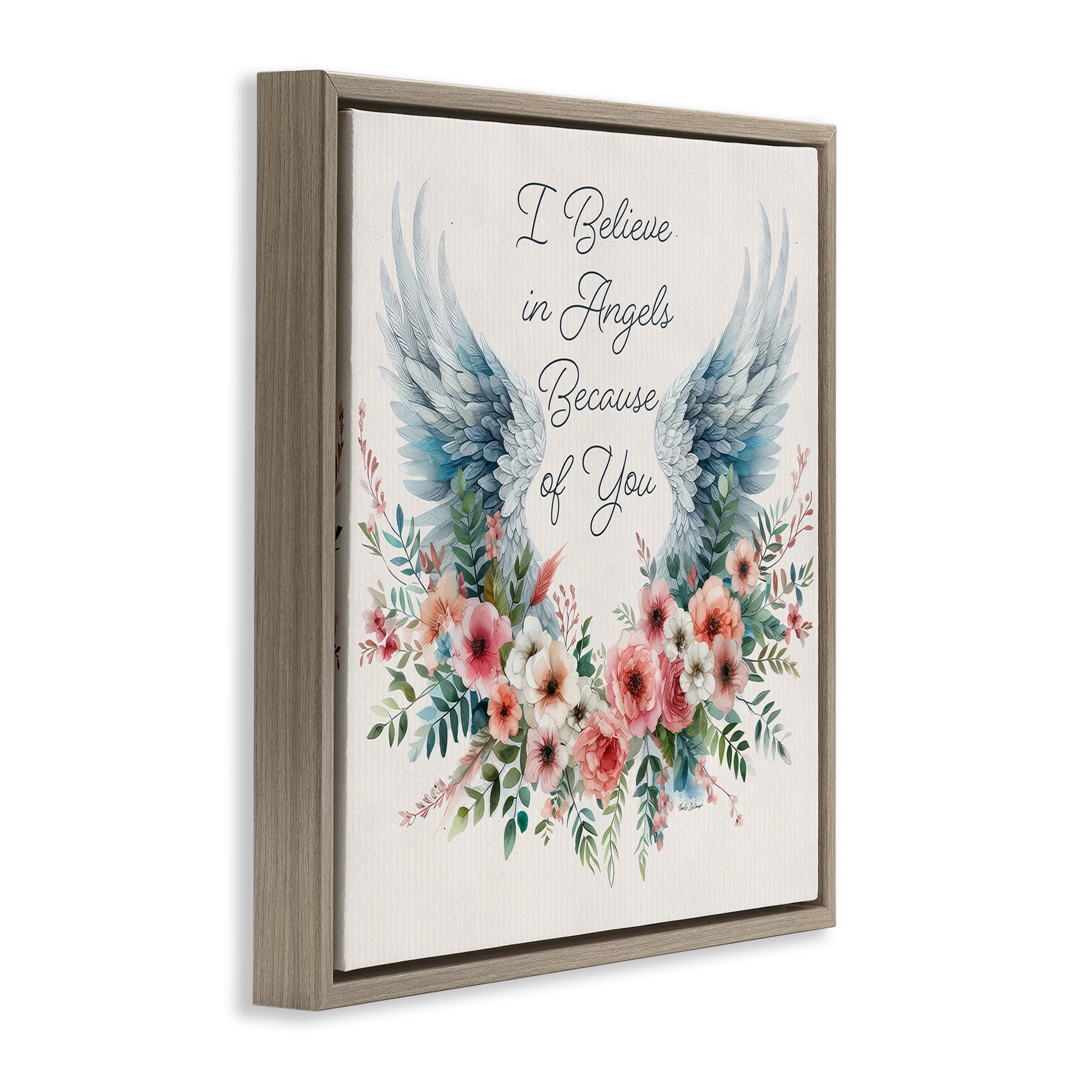 Stupell Industries Floral Believe In Angels Plants & Flowers Painting Brown Floater Framed Canvas Art Print Wall Art, 18 x 18