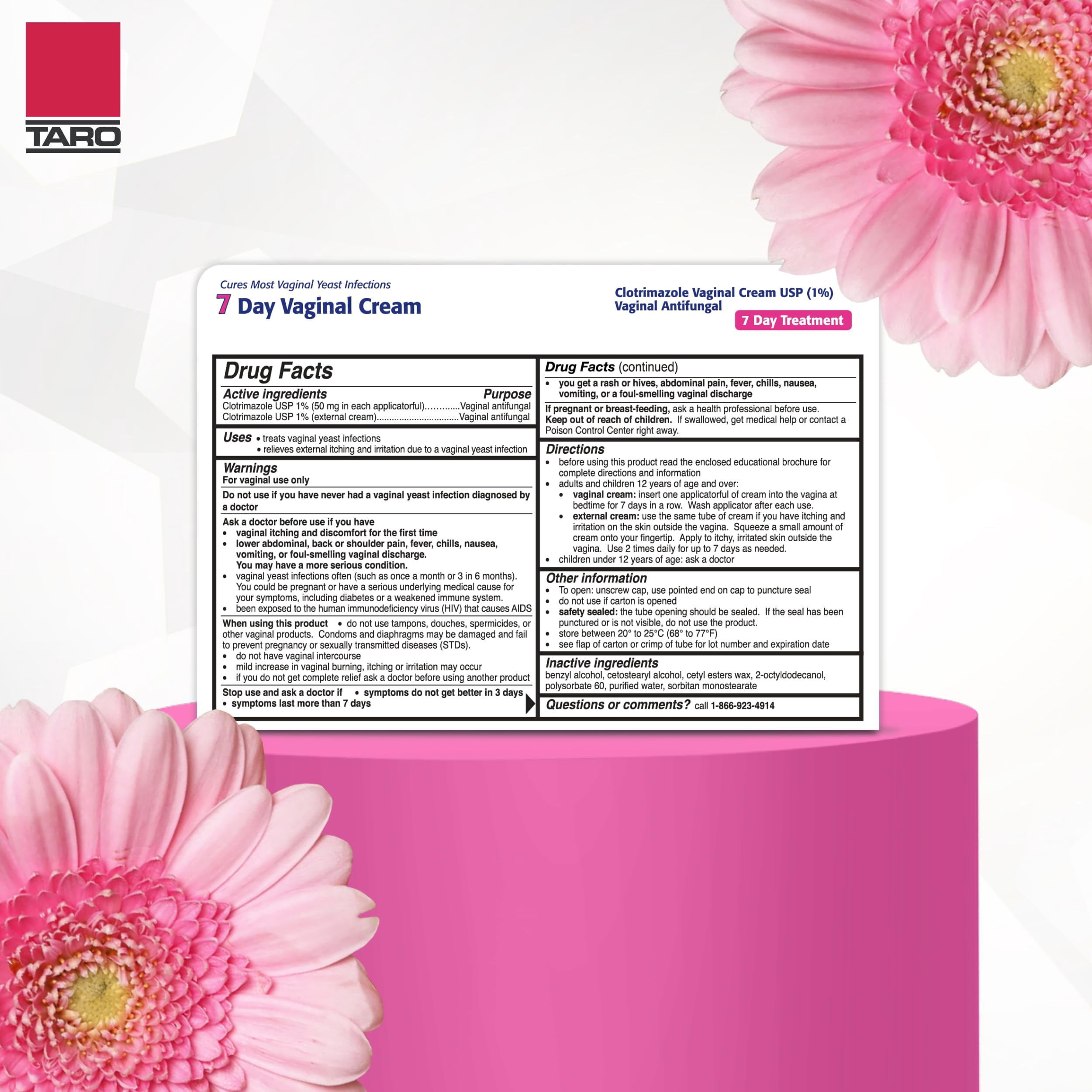 Taro Clotrimazole USP 1% 7-Day Vaginal Cream 1.5 Oz (45g) Yeast Infection Treatment, Feminine Anti-Itch Cream for External Itching & Irritation