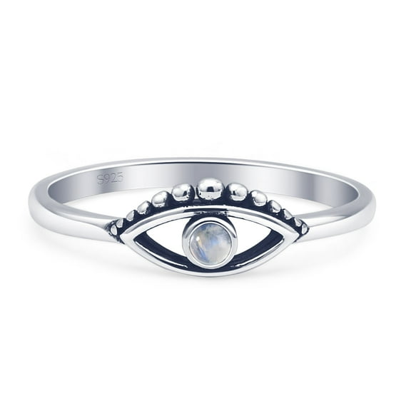 Evil Eye Oxidized Round Ring Moonstone 925 Sterling Silver Size 4