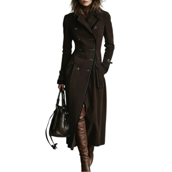 CharmCyan Women's Long Sleeved Elegant Coat With A Collar And Solid Color Suede Long Windbreaker Jacket Coffee L