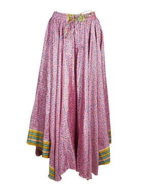 Mogul Women Pink Maxi Skirt Wide Leg Full Flare Vintage Floral Print Divided Uneven Gypsy Hippie Chic Long Skirts S