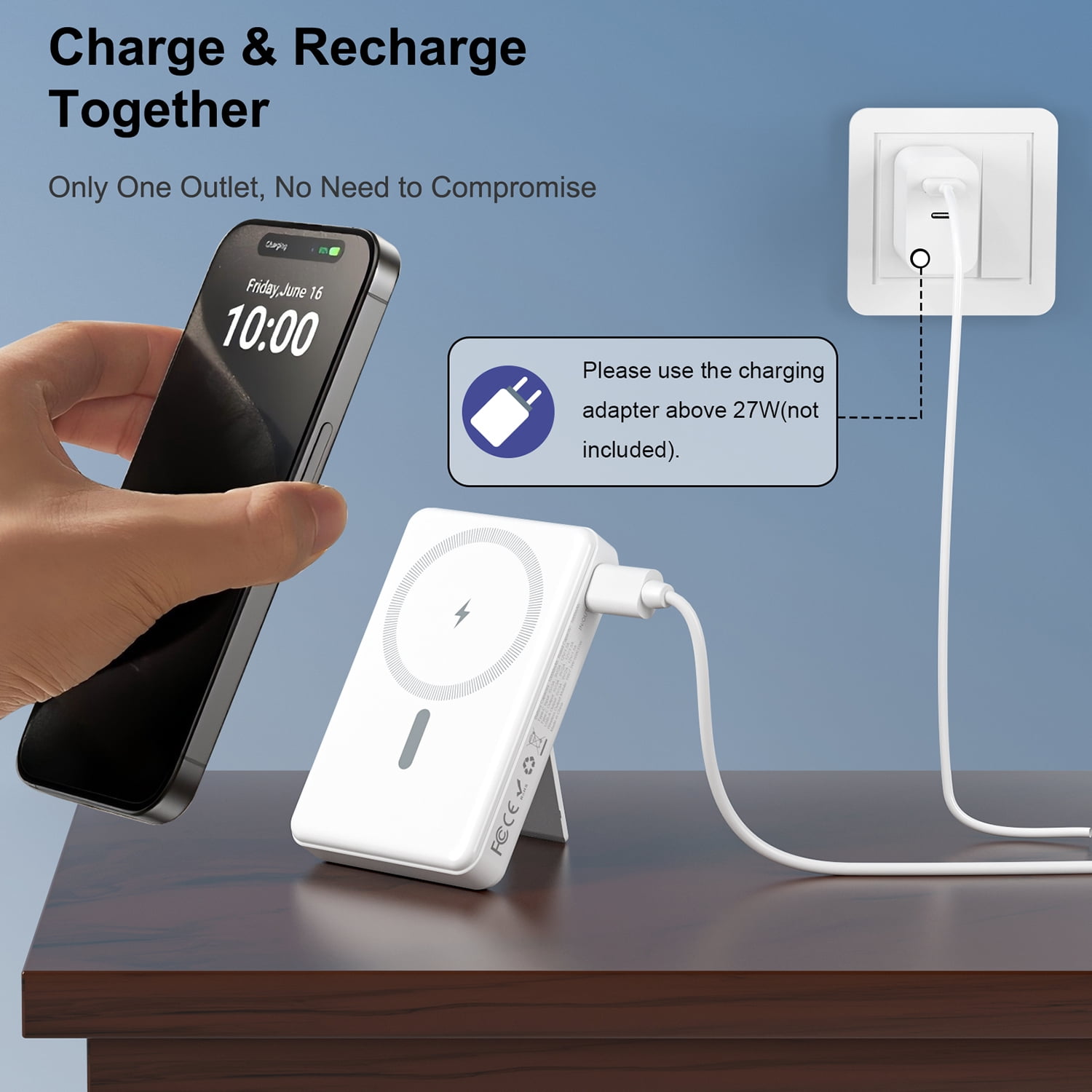 10000mAh Power Bank, 15W Wireless Magnetic Portable Charger & 22.5W PD USB-C, LCD for iPhone 15/16/14/13/12 Pro/Pro Max/Plus/Mini -PGYOB W01