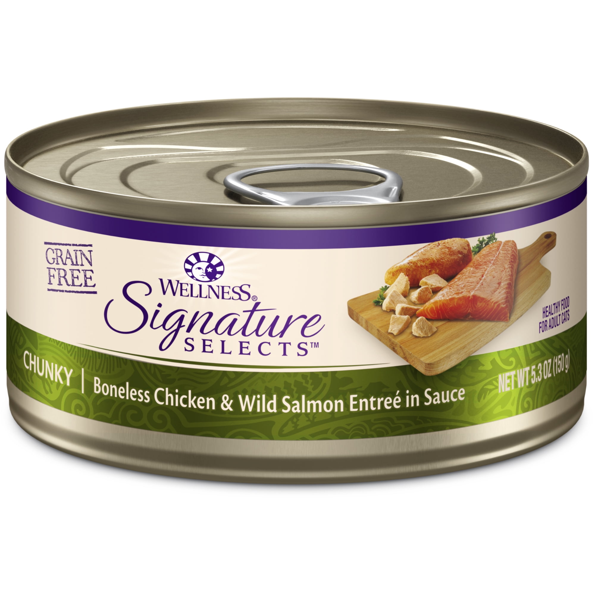Wellness CORE Signature Selects Chunky Adult Canned Wet Cat Food, Natural, Protein Rich, Grain Free, Chicken and Wild Salmon Entrée Recipe, 5.3 oz, Pack of 12 Cans