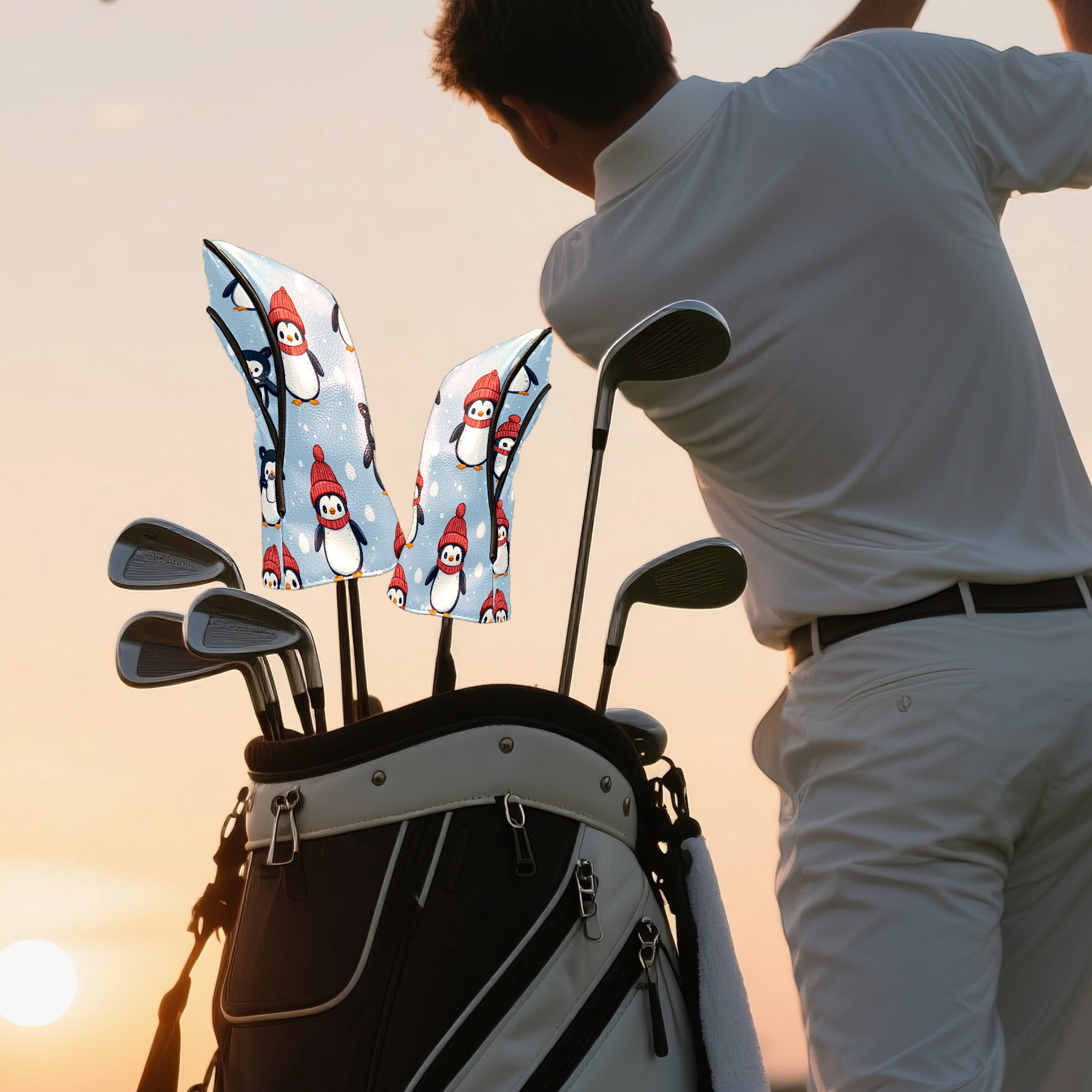 Golf Club Covers PU Leather Waterproof Head Covers for Fairway Woods Hybrids Cartoon Penguin