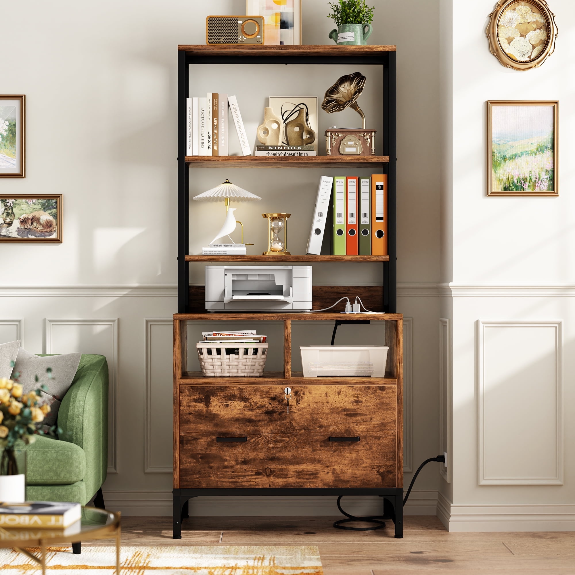 Homieasy Vertical File Cabinet with Charging Station, Lock & Large Drawer - Fits Letter/A4/Legal Files, Printer Stand & Shelves for Home Office,Rustic Brown