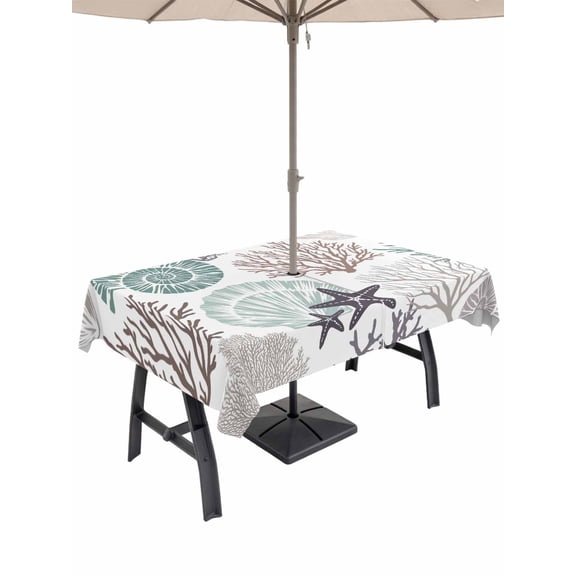 Outdoor Tablecloth with Umbrella Hole for Patio/Picnic/Party/Camping, Coastal Coral Waterproof Table Cloth Rectangle Table Cover Washable, Nautical Ocean Beach Conch Shells Starfish (52"x 70")