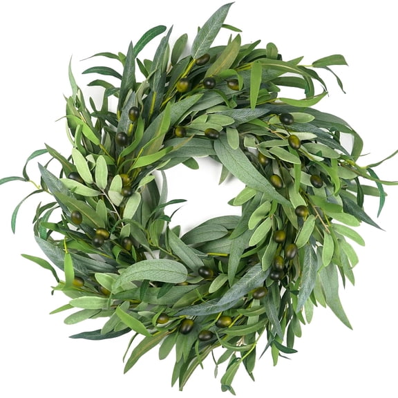 Guvpev Olive Wreath for Front Door 22 inch, Greenery All Season Wreath with Olive Leaf Fruit, Home Decoration for Outdoor Living Room Indoor Wall and Outside Summer All Season Wedding