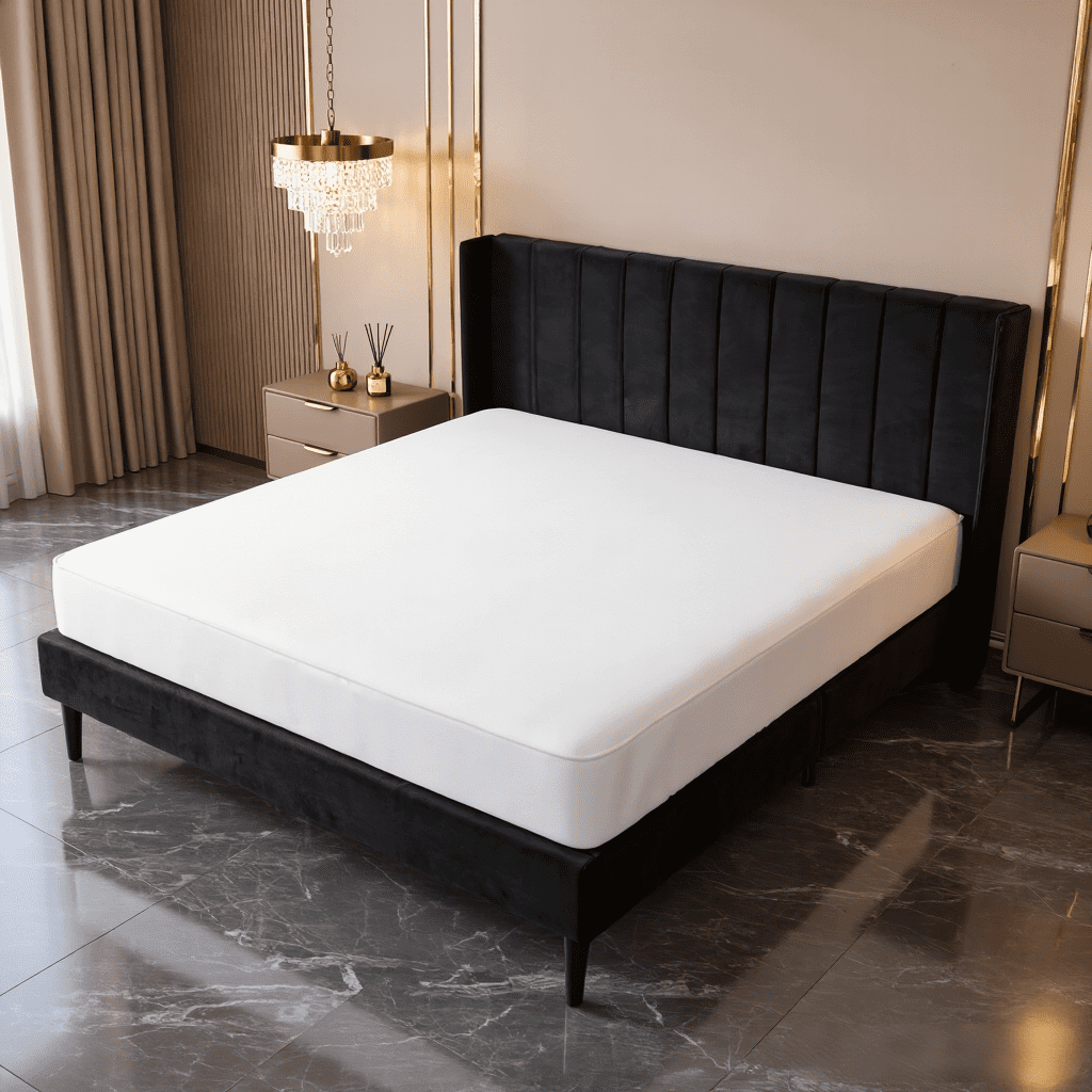 BSHTI King Size Platform Bed Frame with Velvet Upholstered Headboard, Modern Bedroom Furniture with Wood Support, No Box Spring Needed, Easy Assembly, Black
