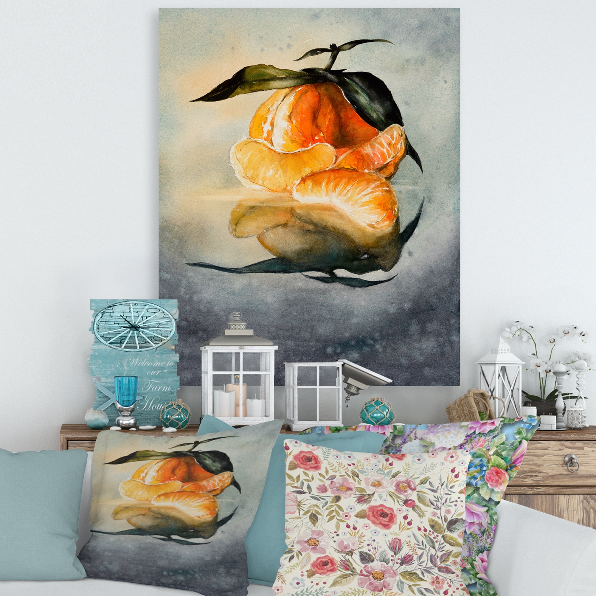 One Peeled Fresh Orange Mandarin Under Green Leaves 30 in x 40 in Painting Canvas Art Print, by Designart