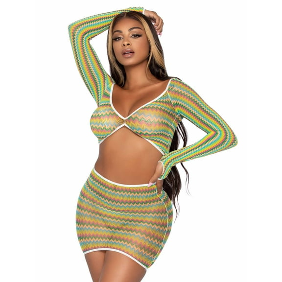 Leg Avenue 2-Piece Zig Zag Net Gauntlet Sleeve Crop Top and Mini Skirt Matching Bodycon Festival Outfit Set For Women