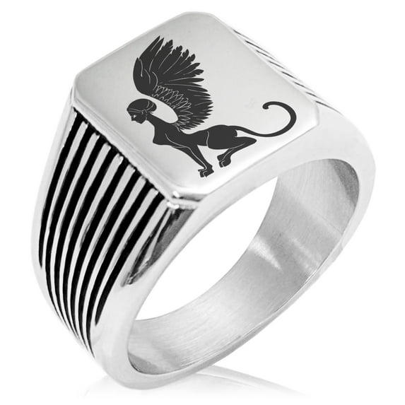 Stainless Steel Greek Mythology Shpinx Needle Stripe Pattern Biker Style Polished Ring
