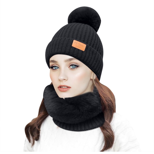 Chapeau pour Femmes Hiver Mode Femmes Hiver Bonnet Tricoté Col Boule Ensemble Épais Chaud Uni Cache-Oreilles Chapeau