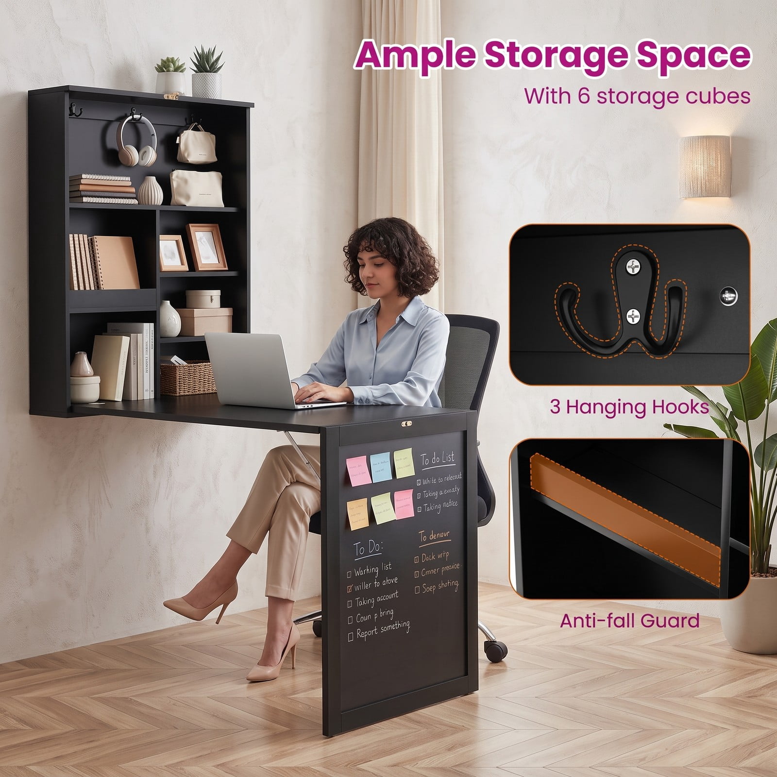 Furnibear Convertible Wall Mounted Folding Desk with Chalkboard, Space Saving Fold Down Wall Table with 6 Storage Cubes and 3 Hooks for Home Office Study, Black
